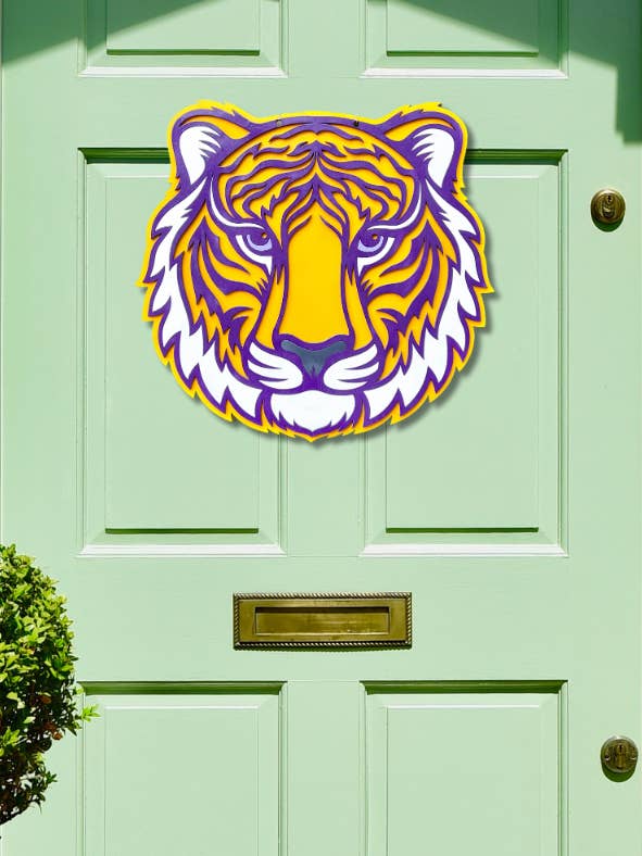 Cabide de porta com cabeça de tigre roxo e dourado LSU Louisiana Wall Art por atacado de Geaux Magnolia