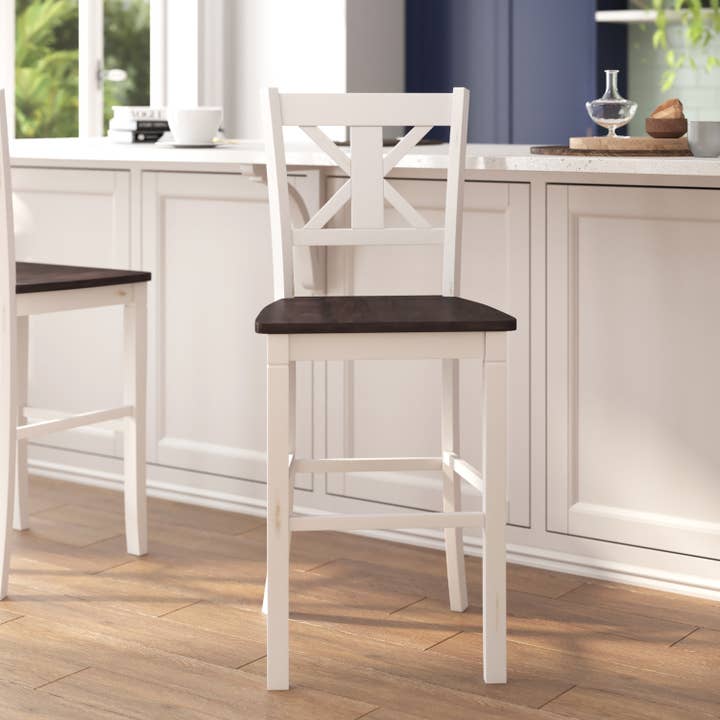 2PK Farmhouse Antique White Wash Solid Wood Bar Stools for wholesale by Flash Furniture