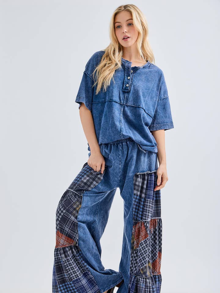 Mineral Washed Tiered Plaid Wide Flare pants HP6675 for wholesale by J.Her