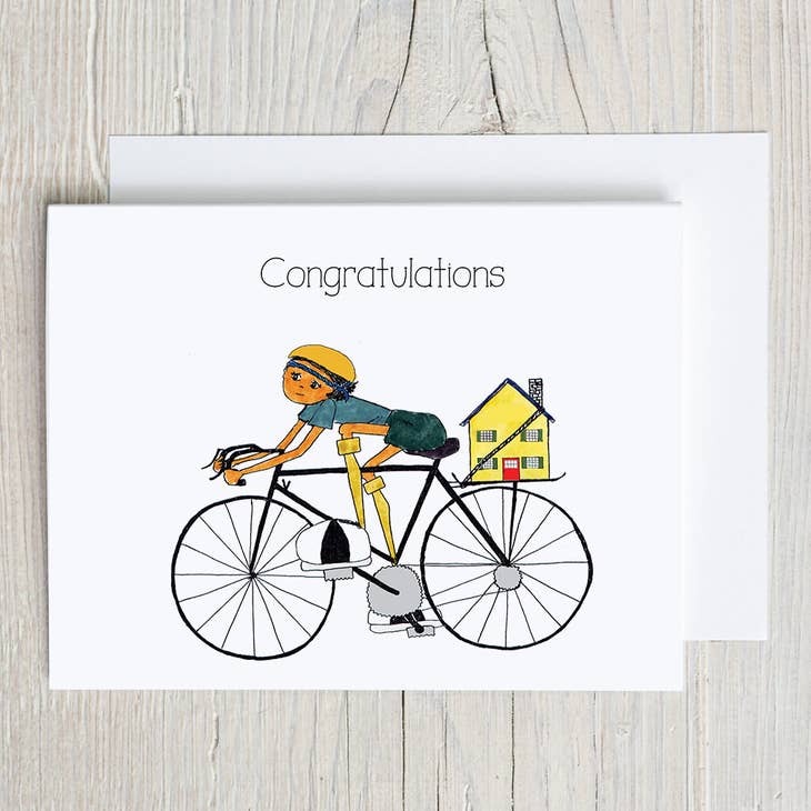 Tillykke | Nyt hus Card |Pige Cykel Med Hus til din butik |