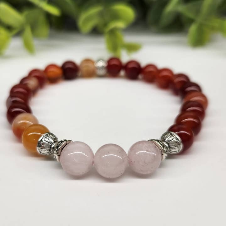 Meraki Gemstones - Wholesale Beaded bracelet - SELF LOVE - Rose Quartz(center)/Banded Carnelian, 7.5" Long2