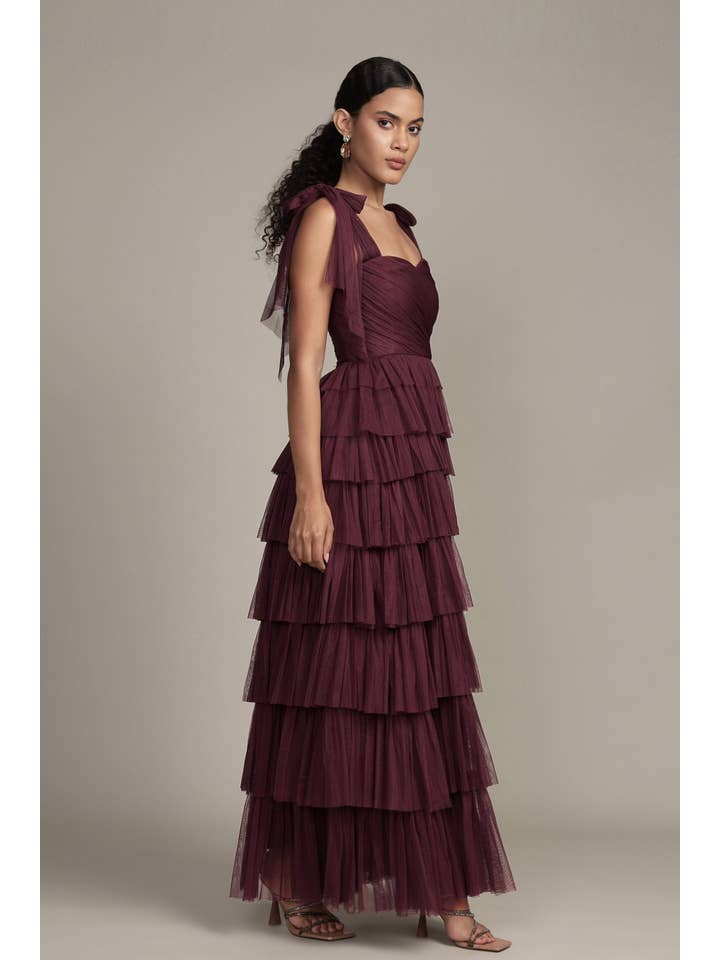 Ophelia Tulle Maxi Dress with Tie Detail in Plum for wholesale on Faire