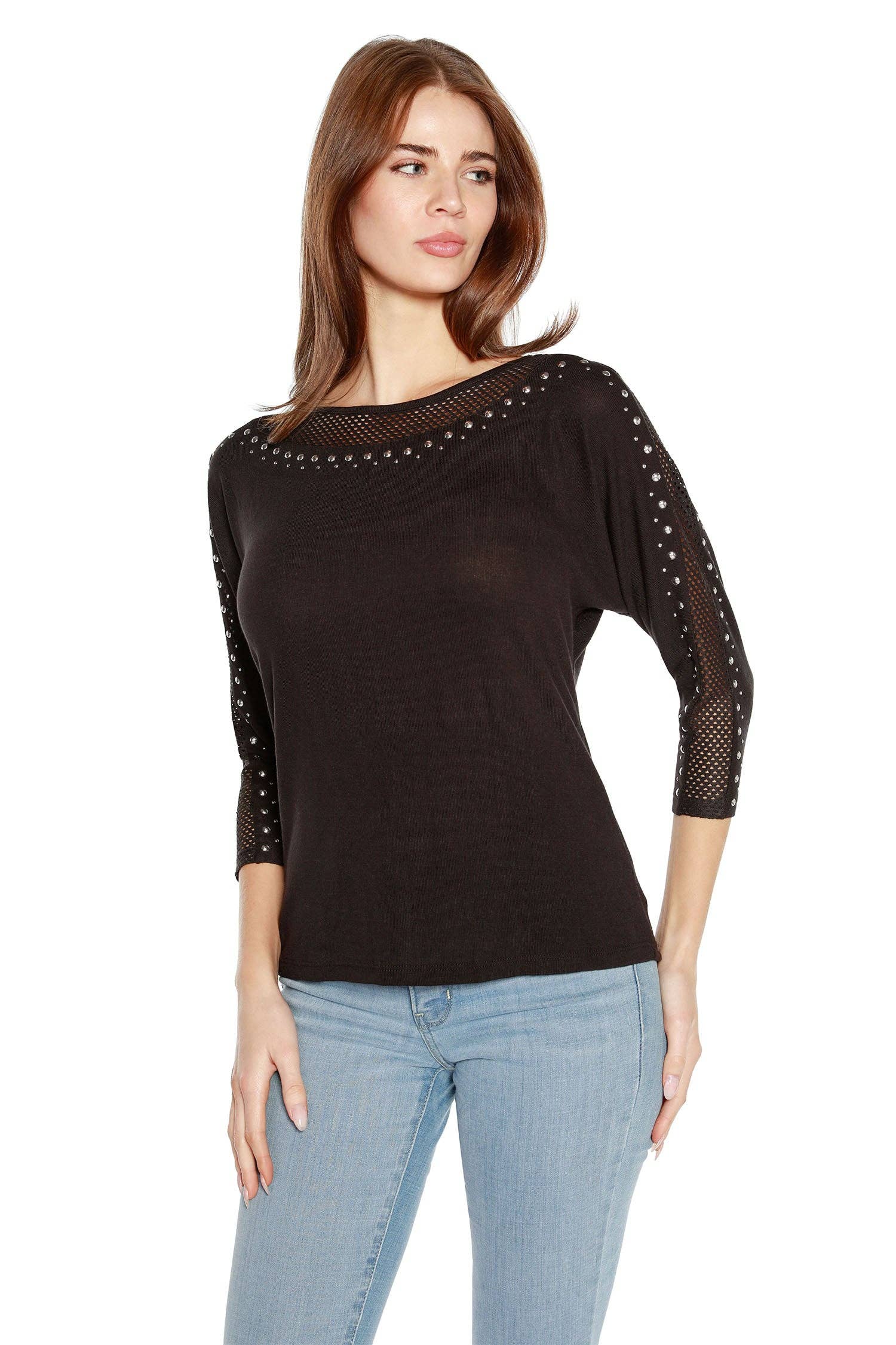 Black Women's Dolman Top with Studs and Mesh for wholesale on Faire2