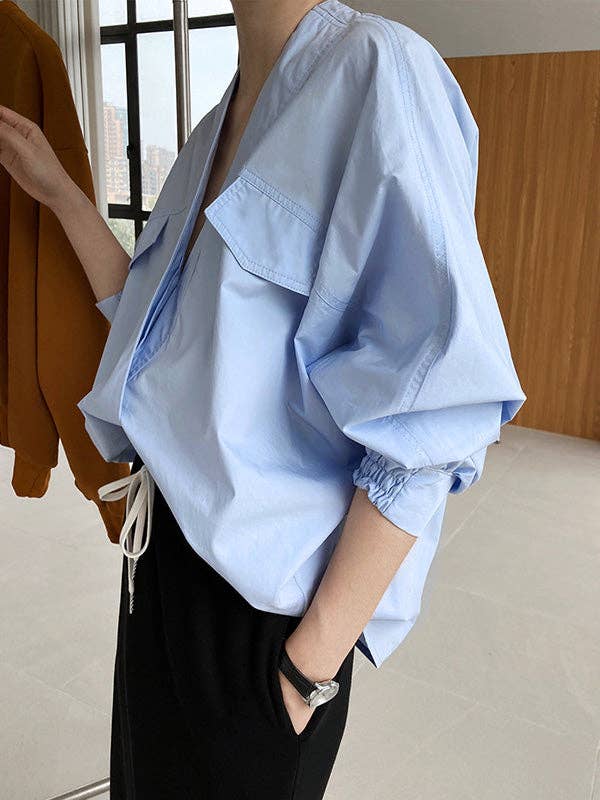 UZ Wholesale Store - Wholesale Button Down Shirt - Women's - Trendy Batwing Sleeves Solid Color V-Neck Blouses18