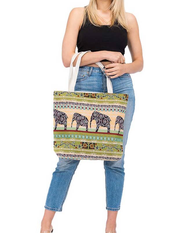 Boho Scenic Ethnic Lucky Elephant Woven Novelty Canvas Tote for wholesale by Cap Zone