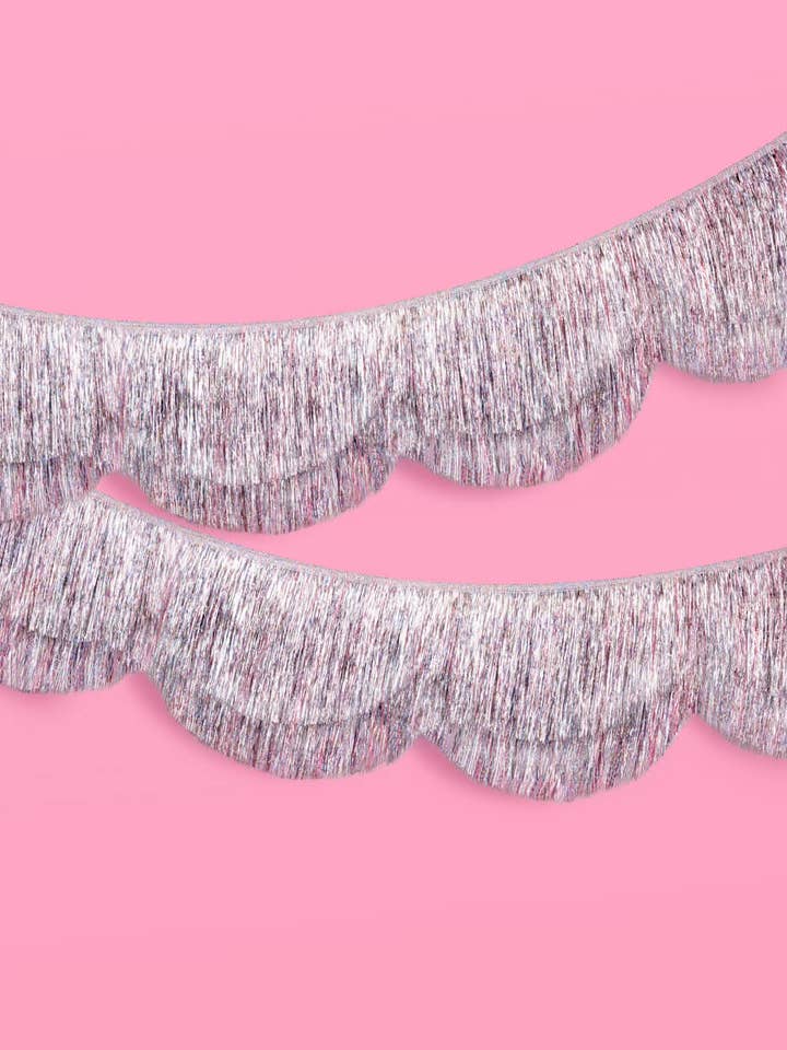Silver Iridescent Scalloped Fringe Banner | 6 ft party decor for wholesale by xo, Fetti
