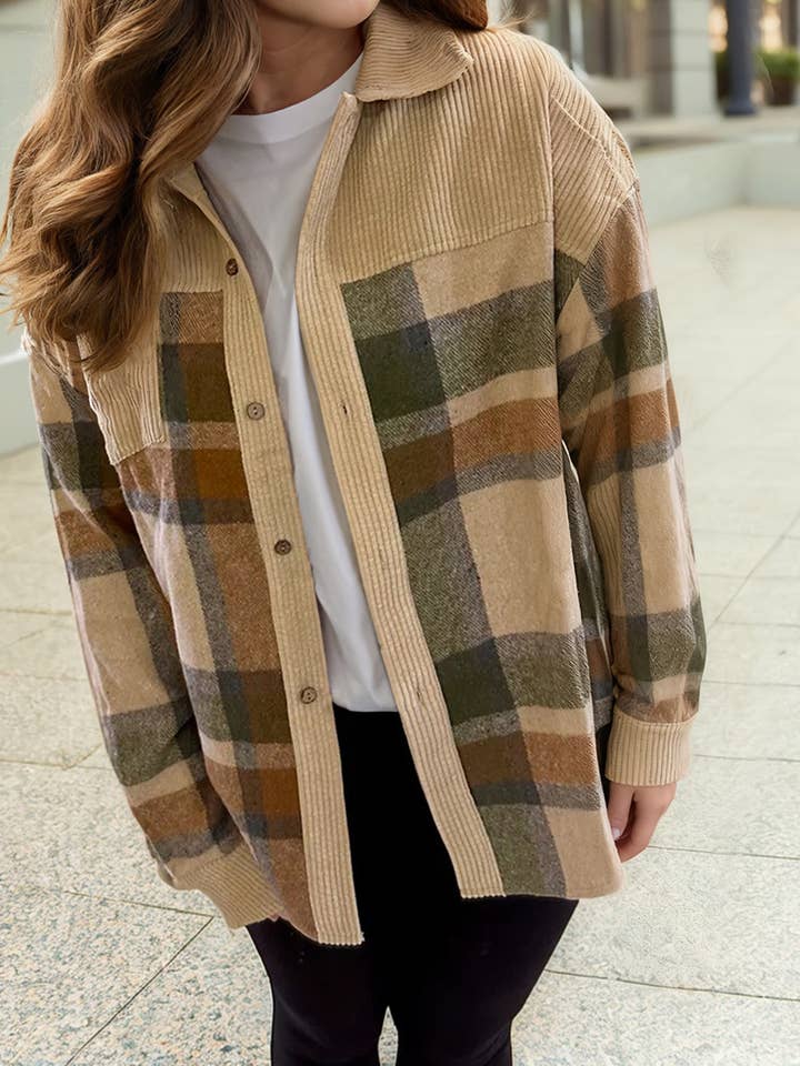 Brushed Plaid Corduroy Patchwork Shacket for wholesale by 1 the Woman