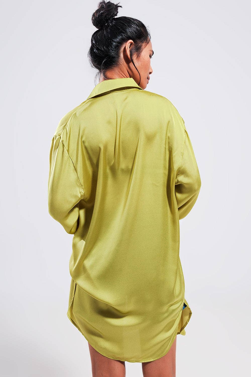 Long sleeve satin button front shirt in green for wholesale on Faire1
