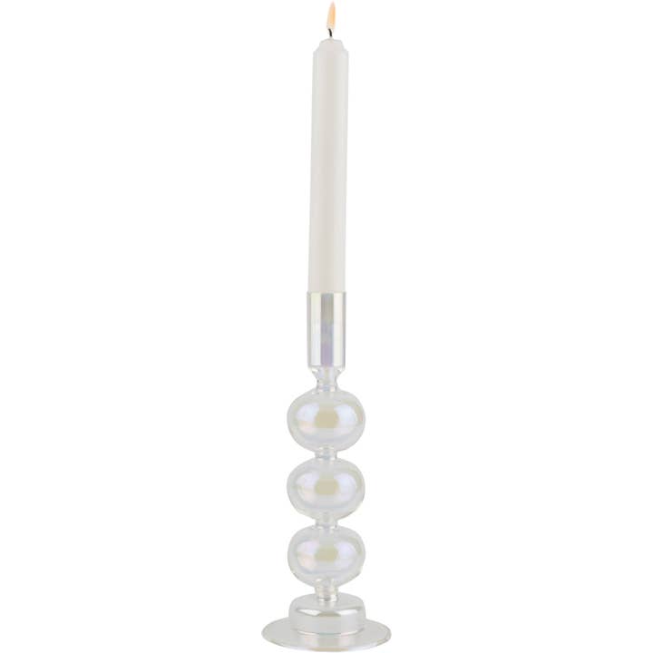 A23425: Clear iridescent candlestick, blown glass, 10 in for wholesale by Silver Tree Home & Holiday