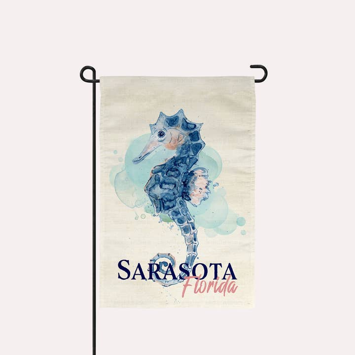 Garden Flag - Watercolor seahorse - City and State for wholesale by imperfect by design co