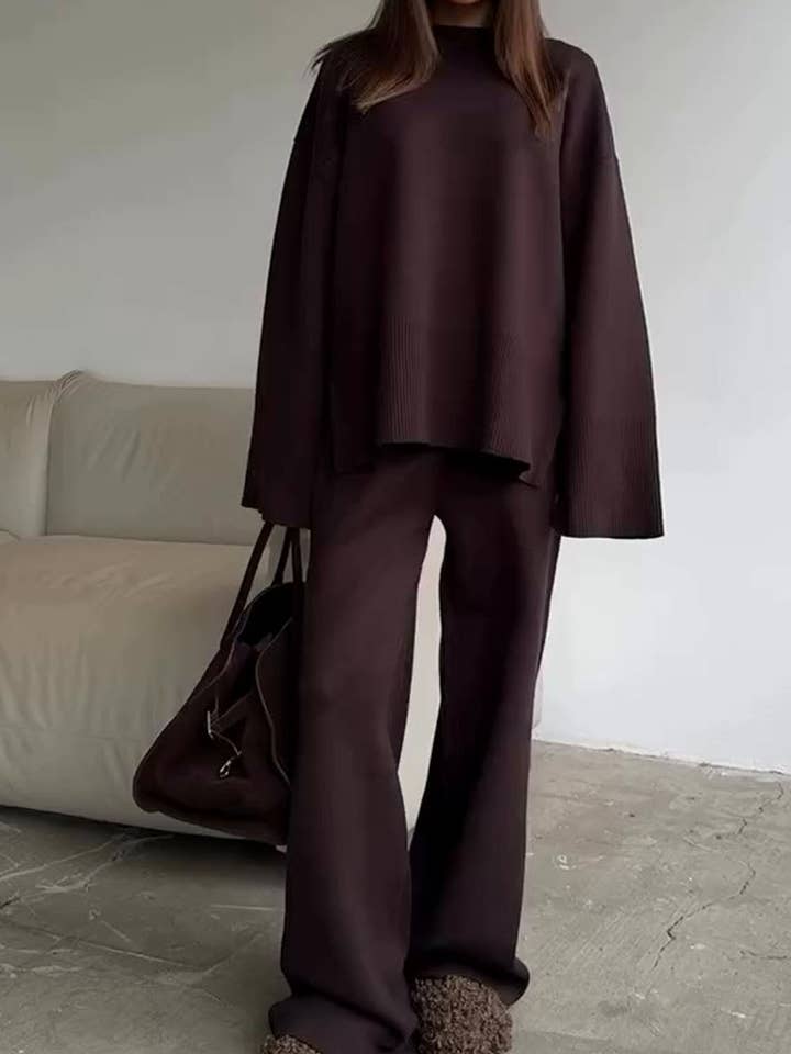 Trendy Solid Color Sweater Wide Leg Pants Set DP25H649 for wholesale by Dipped Shop