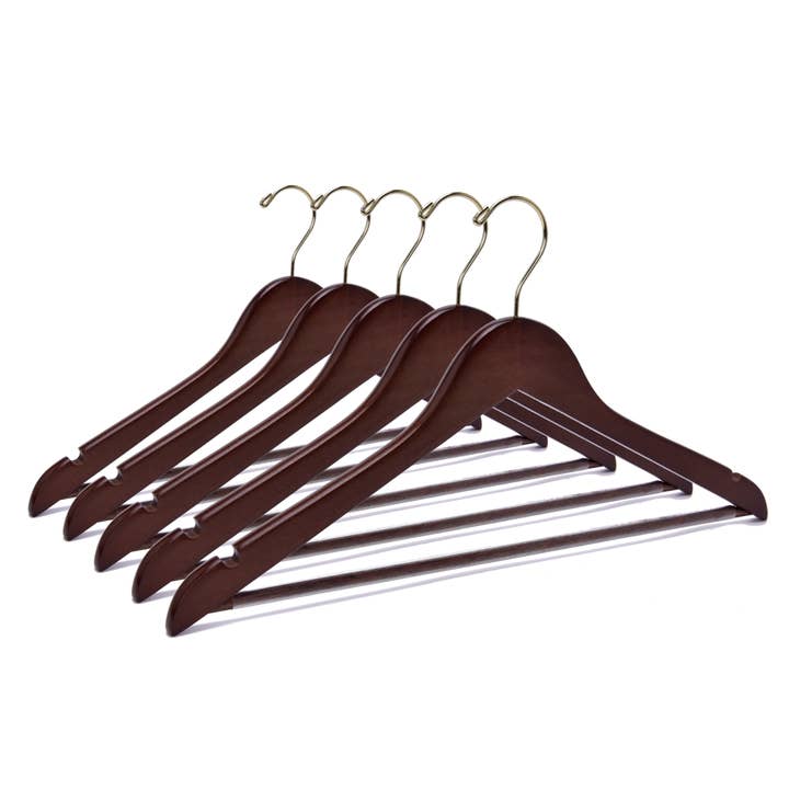 W010 Semi Curved Wooden Hangers, 17.5" Walnut-Gold for wholesale by Quality Hangers