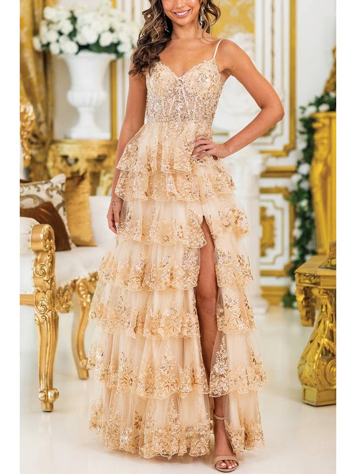 Tiered Prom Dress with Beaded Bodice and Side Slit for wholesale by FashionShowcase