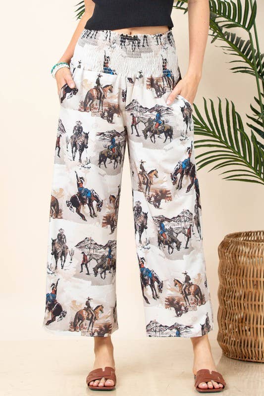 Khaki Multi AV1243-LEO WESTERN PRINT ELASTIC SMOCK WAIST WOVEN PANTS for wholesale on Faire2