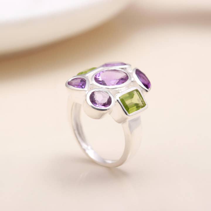 AG 925 JEWELLERY - Wholesale Cocktail/Statement Ring - Handmade Natural Faceted Amethyst & Peridot 925 Sterling Silver Statement Ring2