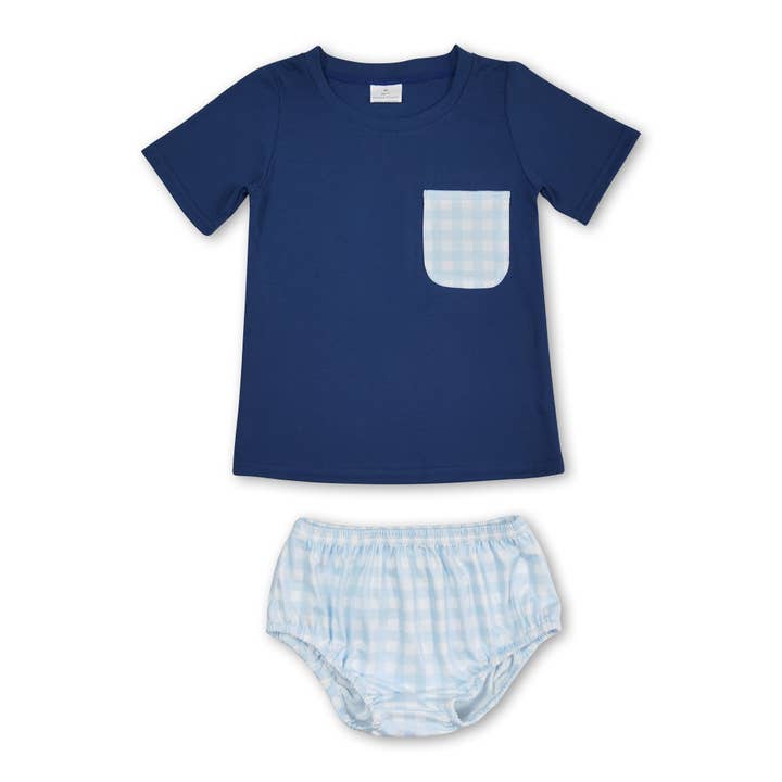 Short sleeves plaid pocket top bummies boys clothes for wholesale by Yawoo Garments