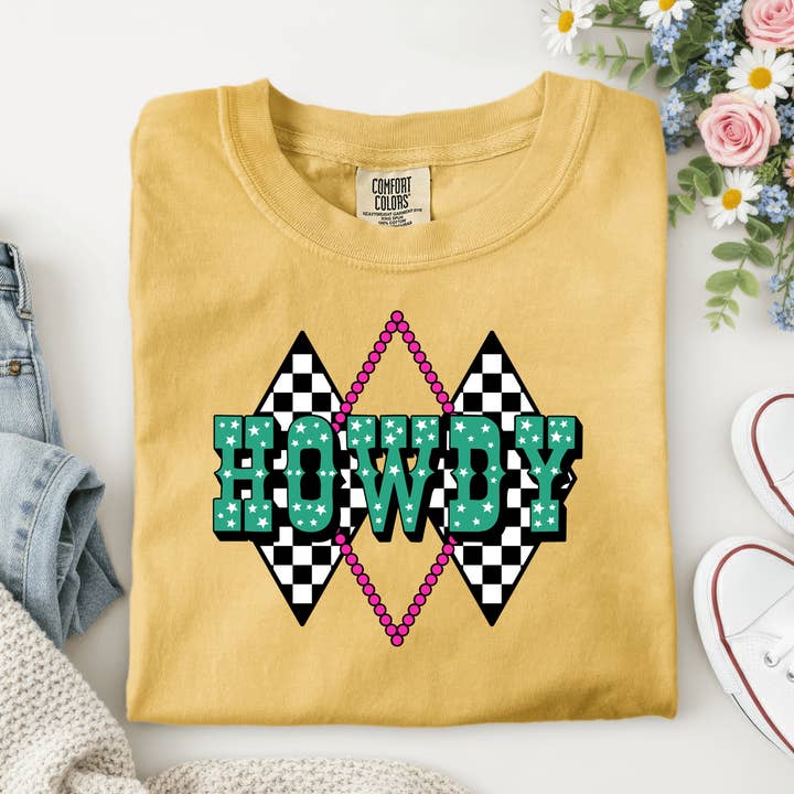 Western Howdy Tee with Checkered Detail for wholesale by Christy Grace Wholesale