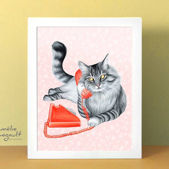 Cat on the Phone Art Print for wholesale by Sardines Studio