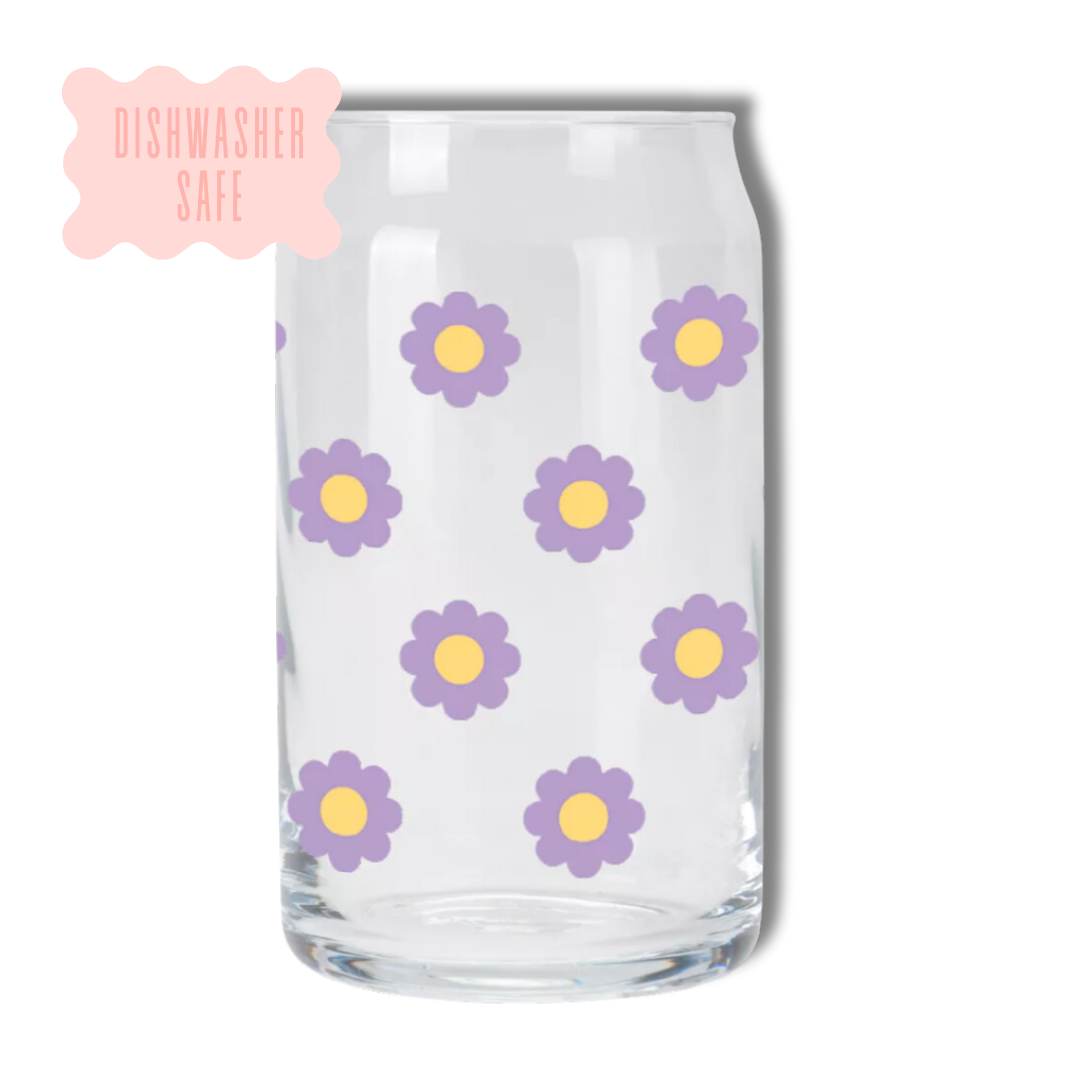 Oak Shore Collective LLC - Wholesale Drinking Glass/Cup - Purple Daisies | Libbey Glass Beer Can Iced Coffee Glass1