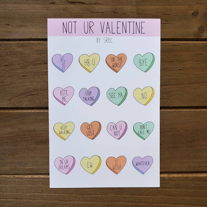 Rude Conversation Hearts Sticker Sheet for wholesale by Spare Room Design Co.