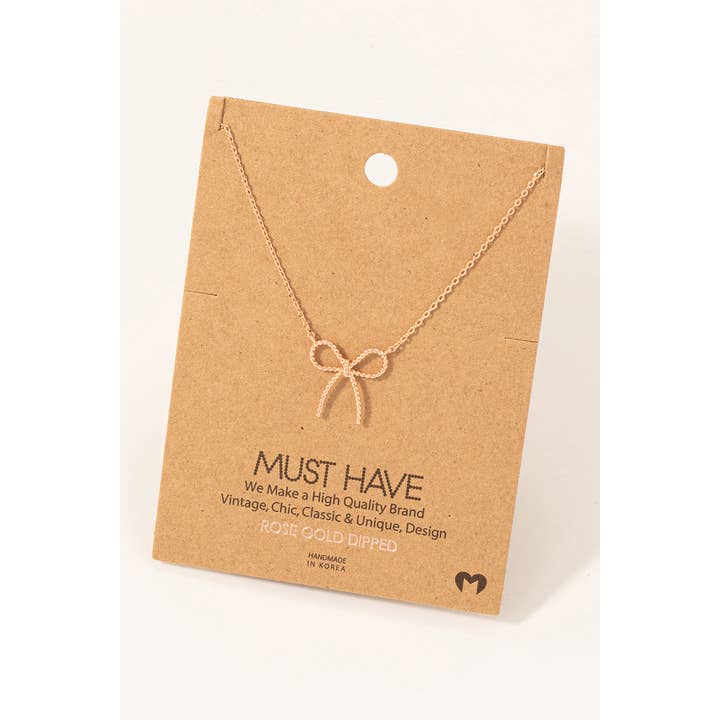 Fame Accessories - Wholesale Pendant/Charm Necklace - Gold Dipped Textured Ribbon Bow Pendant Chain Necklace