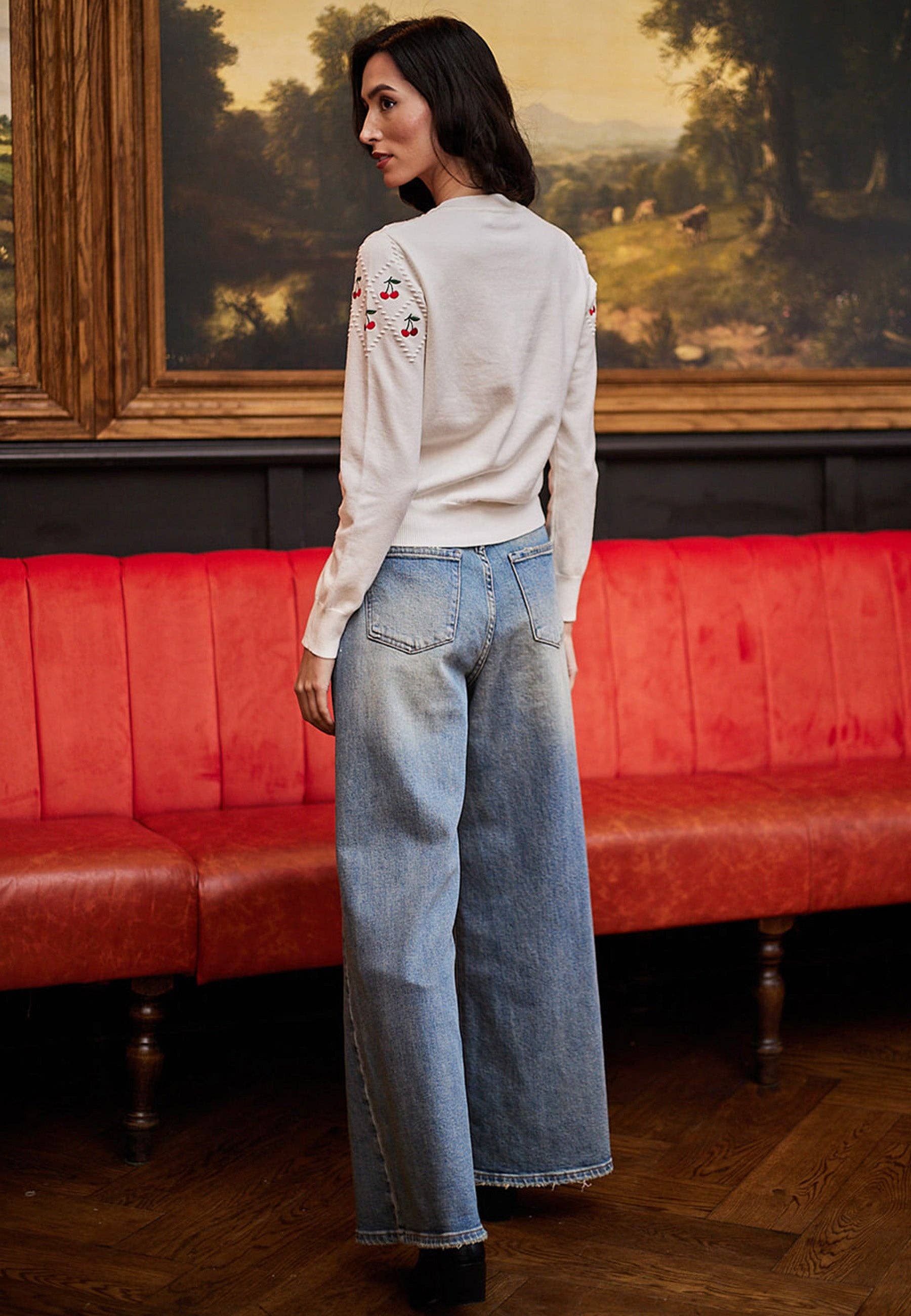 ANGELEYE - Wholesale Knit Sweater - Women's - White Jumper With Cherry Embroidered Detail0