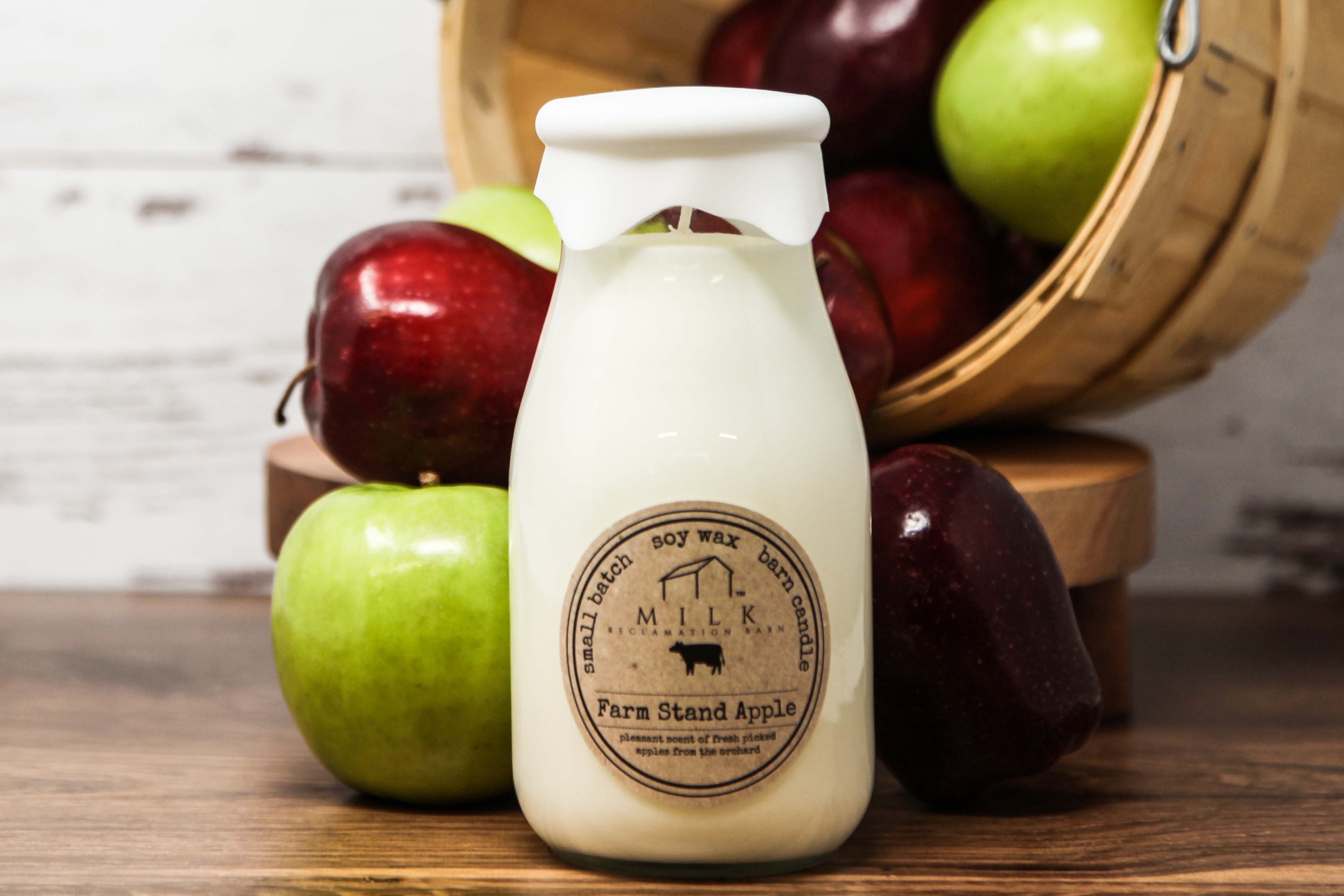 Milk Reclamation Barn - Wholesale Jar/filled candle - Milk Bottle Candle Farm Stand Apple