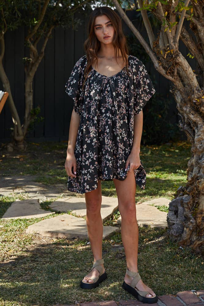 Charcoal Multi L7169 | Floral Print V-Neck Short Sleeve Flare Mini for wholesale on Faire1