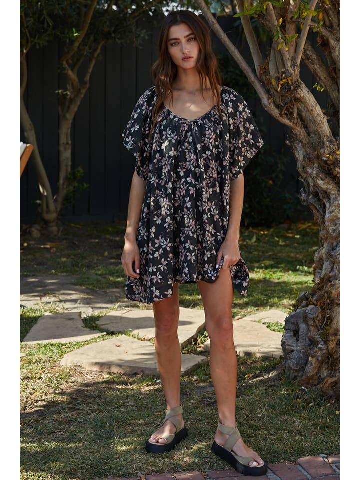 Charcoal Multi L7169 | Floral Print V-Neck Short Sleeve Flare Mini for wholesale on Faire1