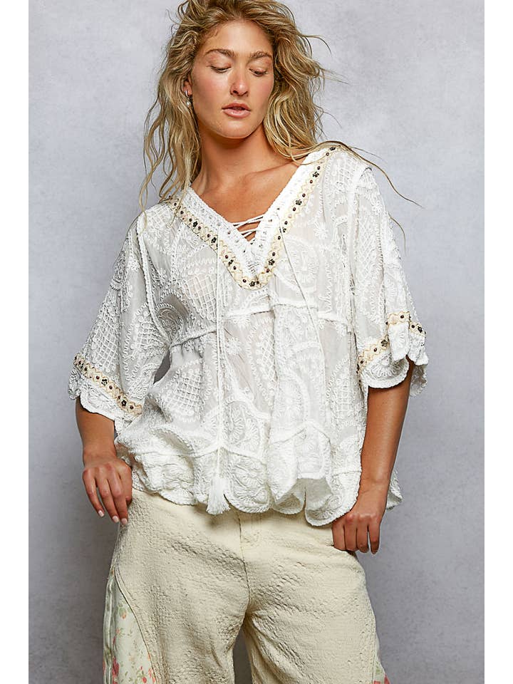 Pol Clothing - Wholesale Blouse - Women's - Short Sleeve Adjustable Drawstring Crochet V Neck Top6