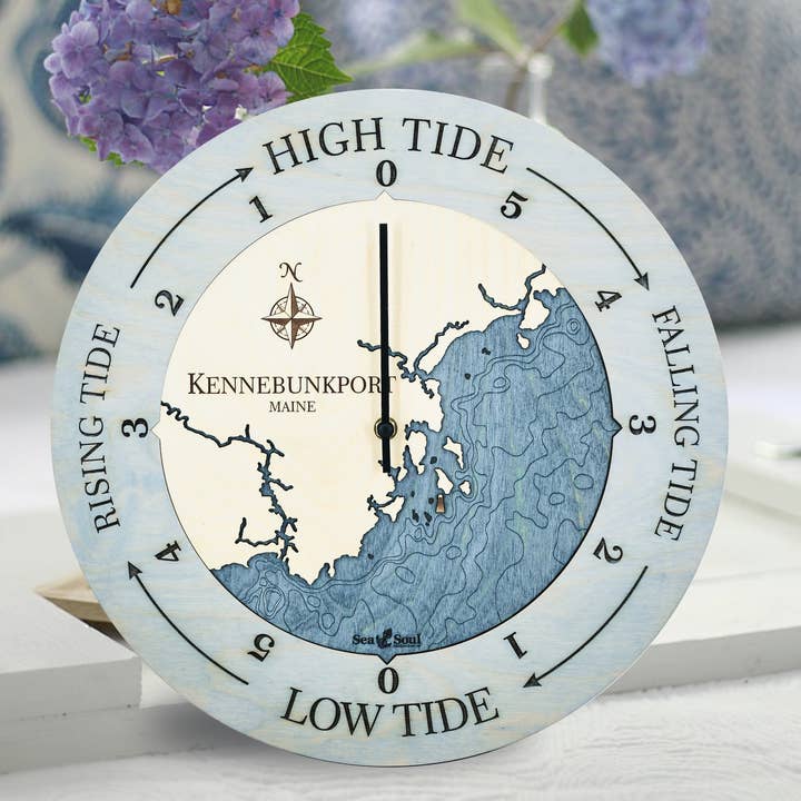 Kennebunkport Tide Clock Nautical Wood Map - 2 Sizes for wholesale by Sea & Soul Nautical Chart Art