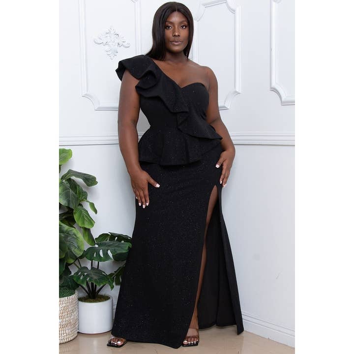 PLUS SIZE GLITTER RUFFLE ACROSS BODY MAXI DRESS for wholesale by Black Pearl Clothing