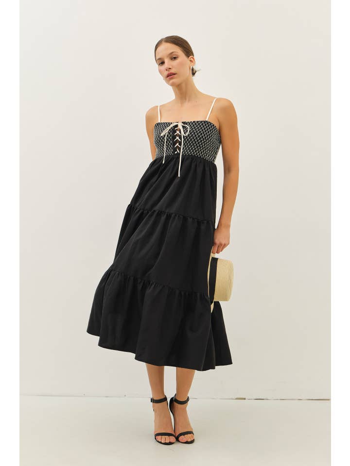 idem ditto - Wholesale Dress - Women's - SPECIAL CONTRAST SMOCKED TIERED MIDI DRESS