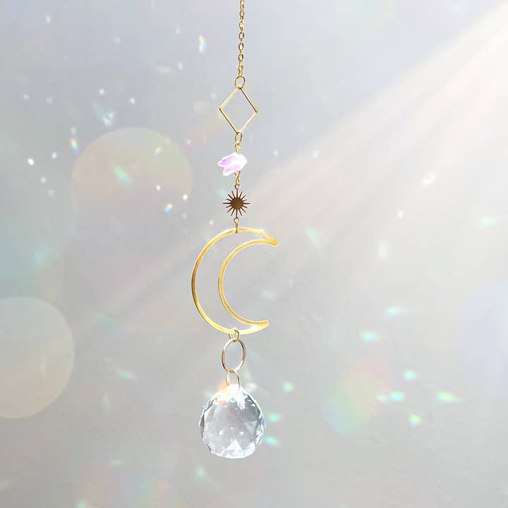 Moon and Amethyst Crystal Suncatcher Rainbow Prism for wholesale by Celestial Habit