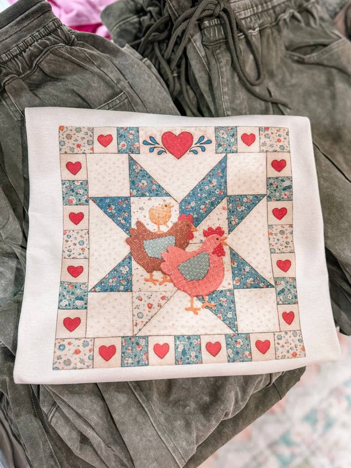 Huhn Vintage Oma Quilt T-Shirt oder Rundhals-Pullover für den Großhandel von Jolene's Boutique