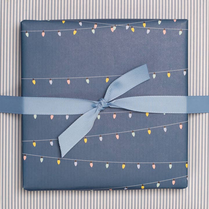 Blue string light wrapping paper, two-sided eco-paper for wholesale by My Pretty Circus
