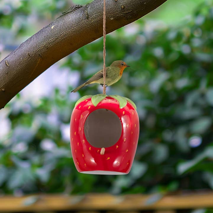 Ceramic Strawberry Bird Feeder Home Garden Use - Red, 6 in. for wholesale by Sagebrook Home