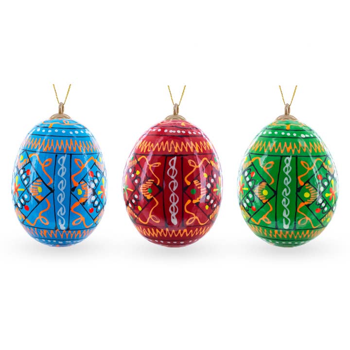 BestPysanky - Wholesale Ornament set - Set of 3 Vibrant Geometric Ukrainian Pysanky Wooden Easter Egg Ornaments 2.5 Inches1