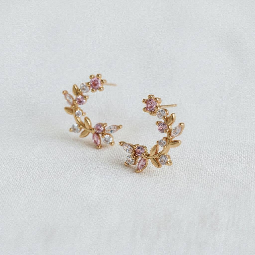 Ellemadera - Wholesale Stud/Post Earrings - Vintage Inspired Cubic Zirconia Flower Leaf C-Shape Earrings1