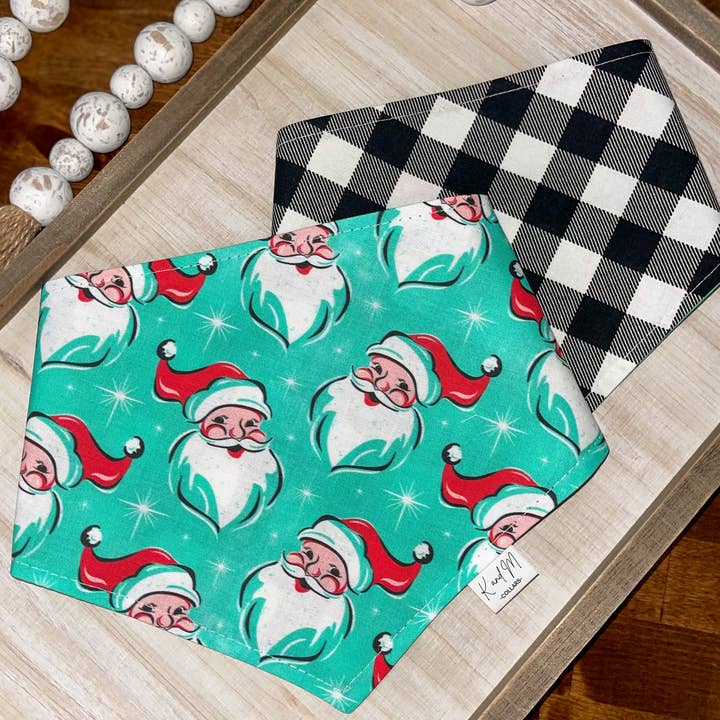 K and M Collars - Wholesale Pet Bandana - Dog - Retro Santa Reversible Dog Bandana, Christmas Gingham Plaid
