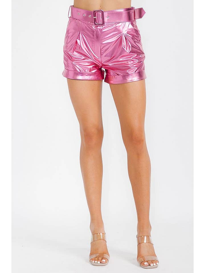 ROUSSEAU - Wholesale Shorts - Women's - BUTTON CLOSURE BELTED FRONT POCKETS METALLIC SHORT7