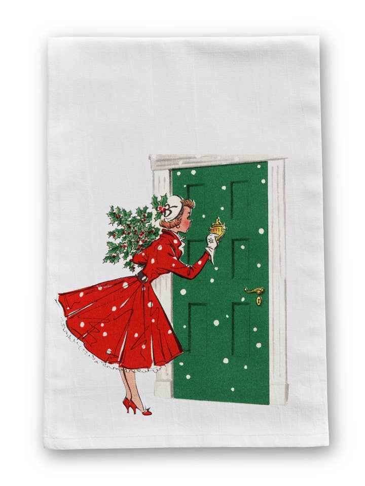 Knocking Woman Vintage Retro Christmas Tea Towel for wholesale by Tatter'd Royals