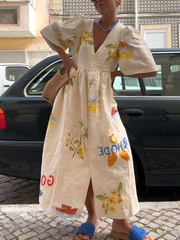 Apricot Fashion Print V-Neck Cute Loose Dress for wholesale on Faire