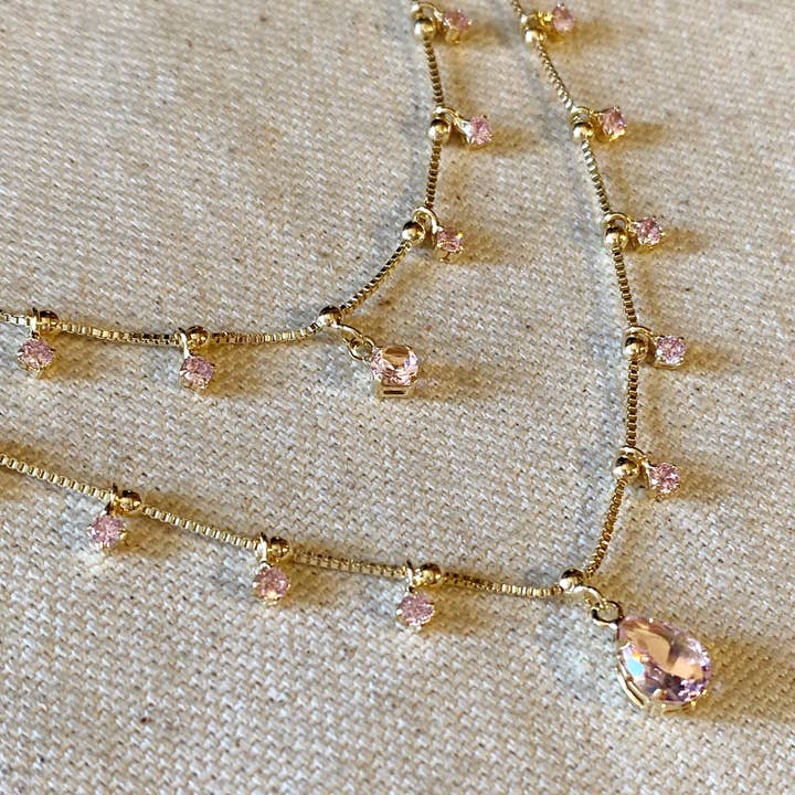 GoldFi - Wholesale Pendant/charm necklace - 18k Gold Filled Double Teardrop Nude Pink Necklace