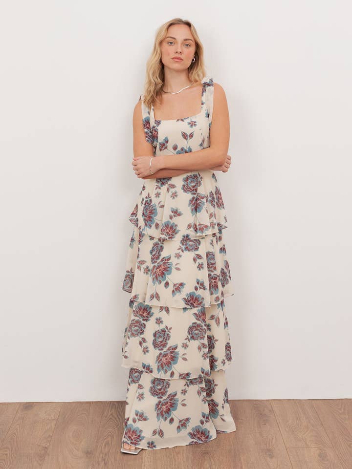 Anaya With Love Recycled Floral Print Tie-Shoulder Tiered Maxi Dress for wholesale by Plaza Collection Ltd