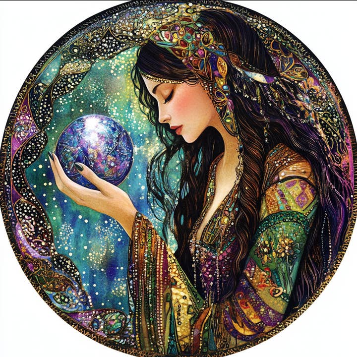 Bodhi Leaf Market - Wholesale Art Print - Mystical Crystal Ball Goddess Wall Tambourine with Ribbon