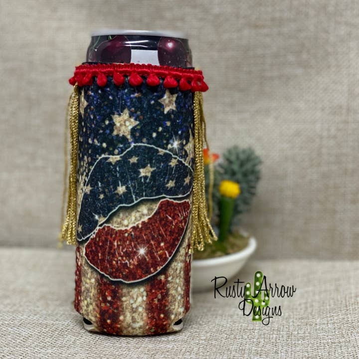 Slim Gold Glitter Lips Fringe Koozie for wholesale by RAD Wholesale