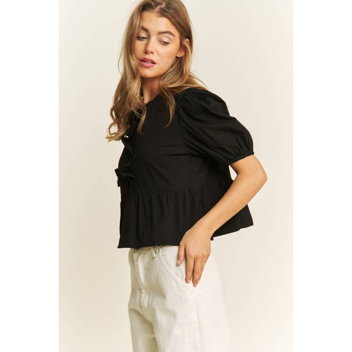 Sweet Generis - Wholesale Blouse - Women's - COTTON WOVEN SOLID OPEN FRONT BABYDOLL TOP BLOUSE WITH BOW D