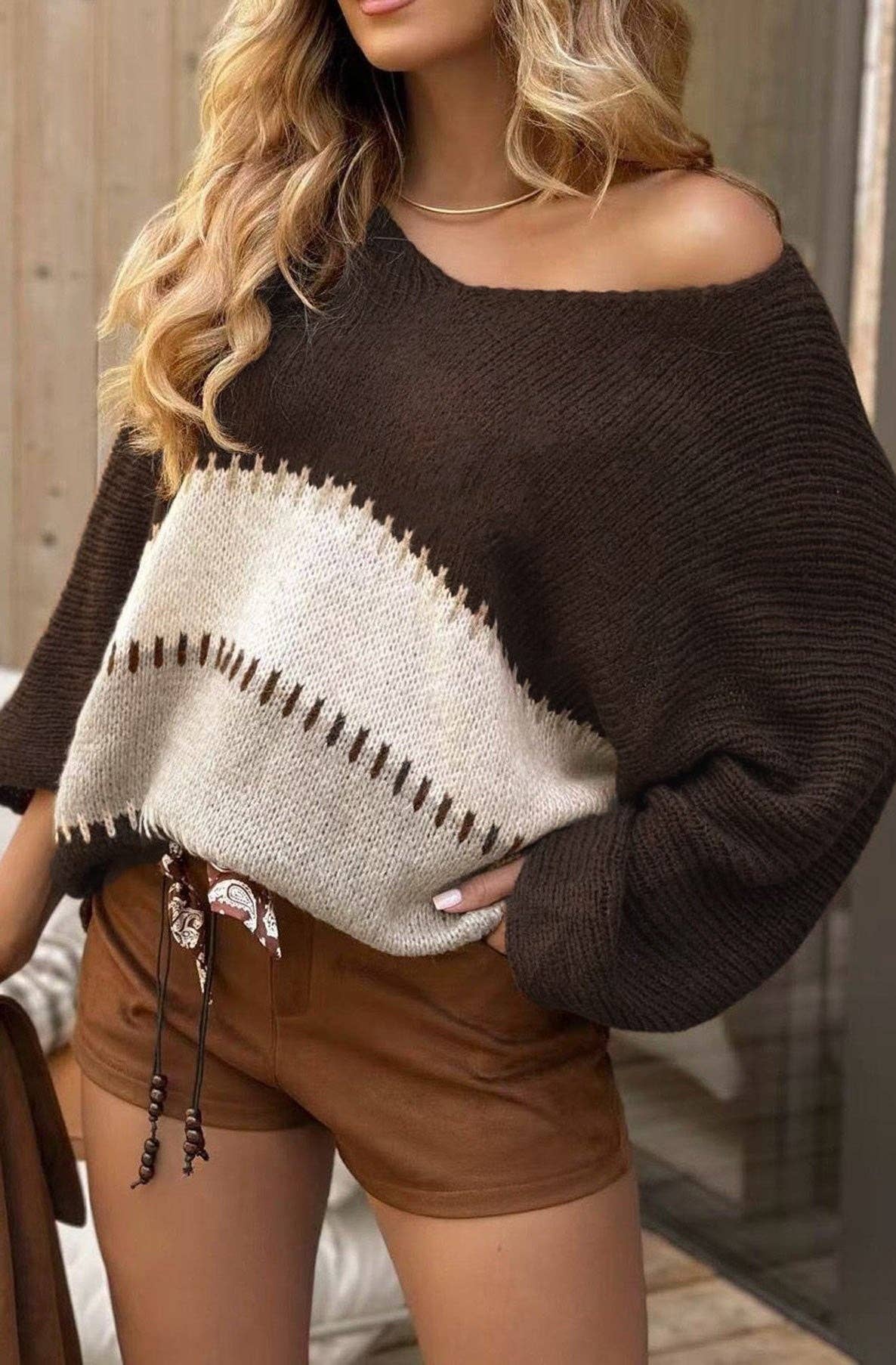 Brown Noemi Contrast Light Knitted Sweater-Brown for wholesale on Faire