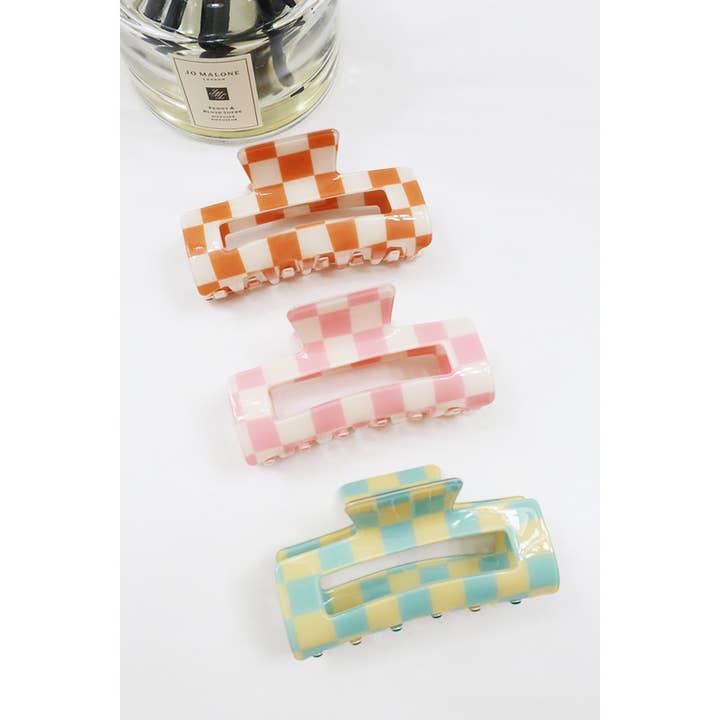 MIX COLOR Checker Pattern Rectangle Medium Size Hair Claw for wholesale on Faire